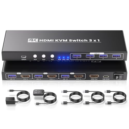 4K60Hz HDMI KVM Switch 1 Monitor 3 Computers USB3.0 with 4-Port USB Hub