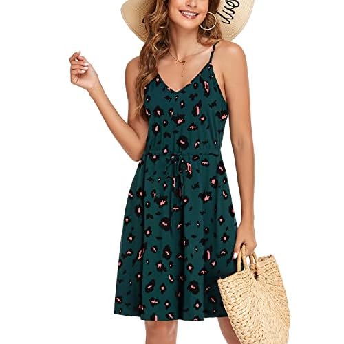 HUSKARY Women Summer Casual Midi Dresses Short Sleeve V Neck Drawstring Knee Length T Shirt Dress with Split and Pocket Army Green Small