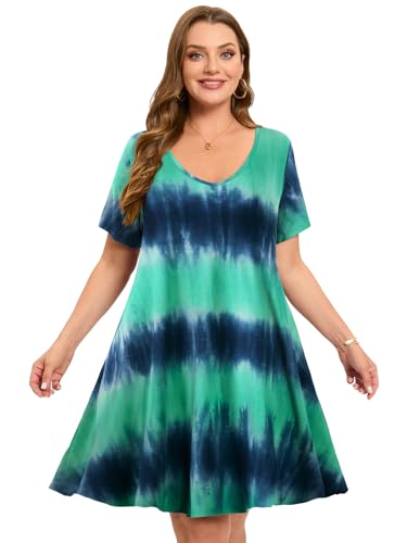 Image of ZENNILO Women's Plus Size Swing Dress with Pockets Casual Summer Dresses V Neck Short Sleeve T Shirt Dress for Women