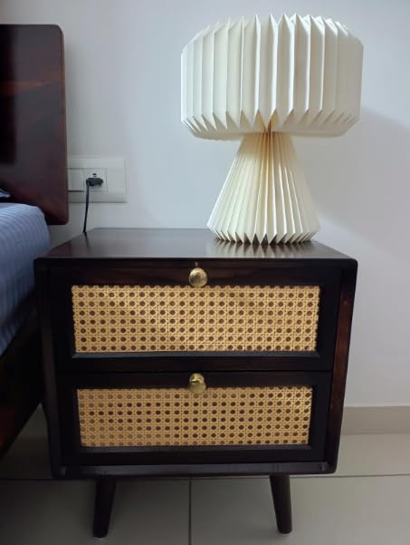 Image of MISAN Boston Solid Wood Bedside Table with Rattan Drawers Mid Century Night Stand for Living Room, Bedroom (Z-Walnut)