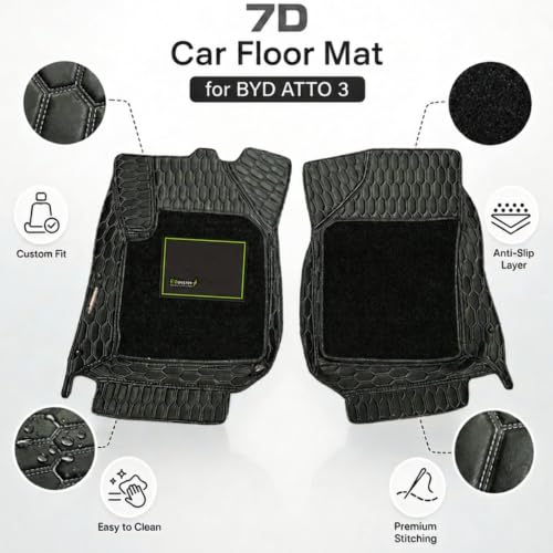 Image of EV MASTER Premium 7D Car Floor Mat Full Set for BYD Atto 3 Hybrid (2026 Onwards) Luxury Leather Double Car Foot Mats Complete Set of 3 | Waterproof and Washable