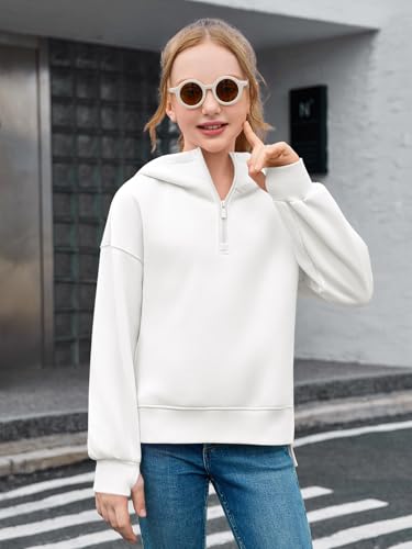 Haloumoning Girls Athletic Quarter Zip Fleece Hoodies Kids Side Slits Sweatshirts Thumb Hole Pullover Tops 5-14 Years2