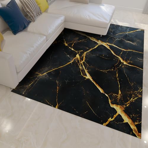 Tapis lavable 120x150 antidérapant carpette marbre noir salon - 3