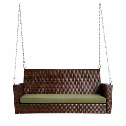 Image of Carry Bird Rattan Wicker Two Seater Swings with Cushion, Brown, 120x60x60 cm, Garden Porch Hammock for Adults (Olive Green, 2 Seater Prouch Swing, Leather Brown Prouch Swing)