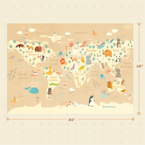 Image of Hazo Haus Washable Kids Rug for Playroom - 5x7 Toddlers Room Play Rug, Educational World Map Area Rug with Cute Animals - Non-Slip, Stain Resistant, Soft & Safe, Nursery, Kids Room, Bedroom - Beige