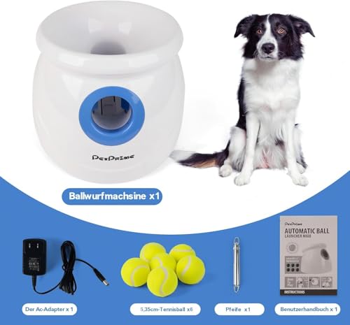 Pet Prime Groß Ballwurfmaschine Hund, Automatischer Ballwerfer für Große Hunde, Wiederaufladbar Ballschleuder 3 Wurfweite zwischen 3-12m, mit Pfeife & 6 Bälle Wurfspiel im Garten und Park (Max)