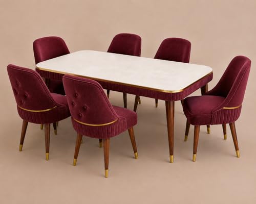 Image of WOODEN SPACE 6-Seater Wooden Dining Table Set | Nano Composite Marble Top | Solid Wood Base | Modern Dining Room Furniture with 6 Chairs (Grand Aura Maroon)