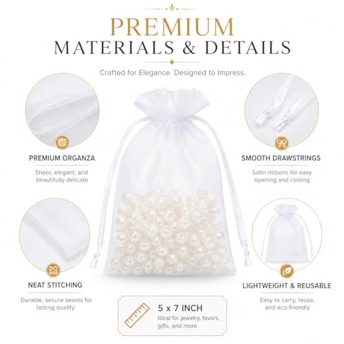 Image of Hopttreely 50Pcs White Organza Bags 5x7 Inches, Durable Mesh Gift Bags Drawstring, Jewelry Pouches Candy Treat Sachet Mesh Bag Drawstring for Wedding Party Favors Baby Shower and Fruit Protection