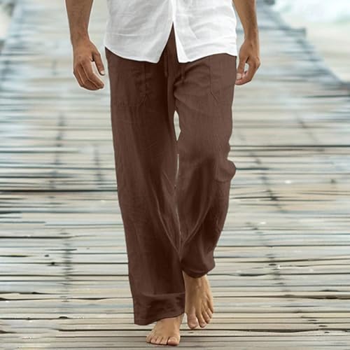 Cotton Linen Pants Men Casual Loose Fit Elastic Drawstring Waist Wide Leg Pant Lightweight Summer Beach Pants Pockets2