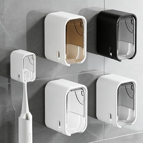 Wall Mounted Toothbrush Holder with Lid - 4Pcs Hygienic Set, Clear Acrylic Dust-Proof Cover, No Drill Strong Suction & Adhesive Mounts, Bathroom Organ