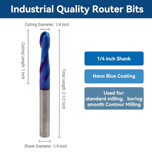 Kugelnasen-End, 1/4 Zoll Schaft CNC-Router-Bits mit nano blauer Beschichtung, Karbid-End für Kunststoff-Holz-und Aluminium-Fräs-Gravier werkzeuge