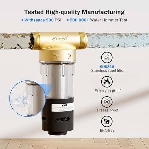 Image of Frizzlife 40 /100 Micron Spin Down Sediment Filter with Built-in Scraper, Reusable Whole House Pre-Filter for City /Well Water, Washing Machine, Flushable Filtration, BPA Free, 1 inch&3 /4 inch NPT