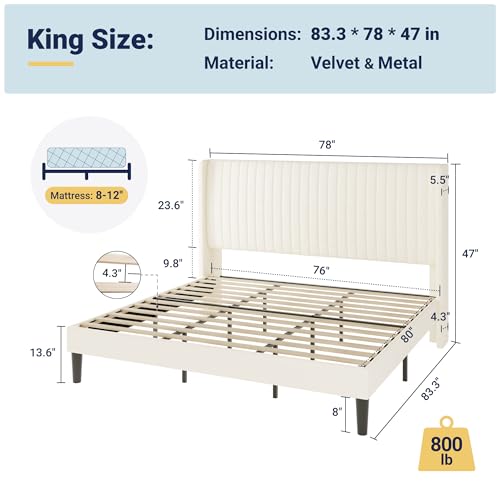 Image of Allewie King Size Velvet Bed Frame /Vertical Channel Tufted Wingback Headboard /Upholstered Platform Bed /No Box Spring Needed /Strong Wooden Slats /Easy Assembly /Cream White