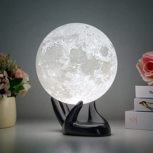 GZOKMOG Moon Lamp 7.1IN 3D Printing Moon Light 16 Colors Night Light, Remote/Touch Control and USB Rechargeable, Birthday Gifts for Women Men, Moon Lamp for Adults, Room Decor (Black Hand Stand)