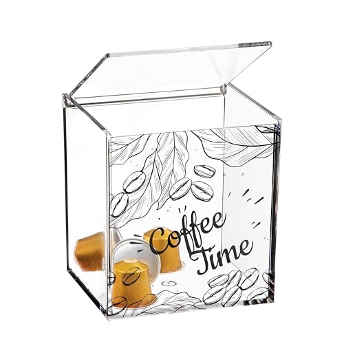 SNOWDVANCE Portacapsulas Metacrilato - Soporte Transparente para Cápsulas de Café Multiusos, Nespresso, Dolce Gusto, Caja Almacenamiento con Tapa Antipolvo 13cm X 13cm - Coffe Time