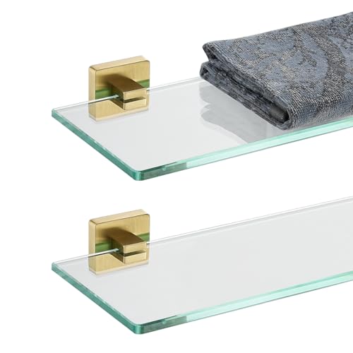 JQK Bathroom Glass Shelf, Floating Tempered Glass Shower Storage 12 by 5 inches, 304 Stainless Steel Brushed Gold Wall Mount 2 Pack, TGS201L12-BG-P2