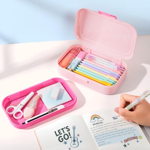 Sooez Double Layer Pencil Box, Plastic Pencil Case with Latch, Hard School Supply Box for Girls Boys Kids, Large Crayon Marker Pen Holder, Cute Art Storage Organizer, 1 Pack, Purple