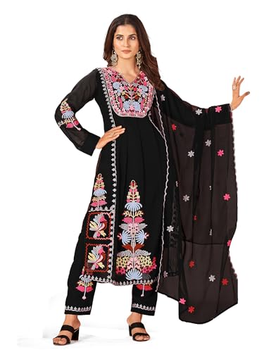 Image of Fabzoo Women's Georgette Embroidery Work & Original Mirror Anarkali Kurta Palazzo & Dupatta Set | Kurta & Palazzo Full Stitch And Full Inner | Palazzo Full Elastic.