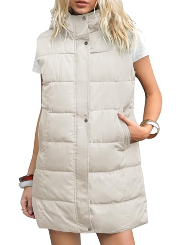 Gihuo Women's Long Puffer Vest Winter Warm Quilted Hooded Zip Up Sleeveless Jacket Vest Gilet (Beige-XXL)