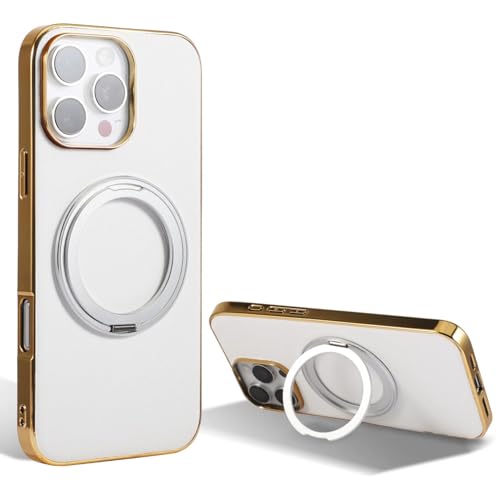 Étui de chargement magnétique en cuir plaqué blanc pour iPhone 14 avec son support rotatif