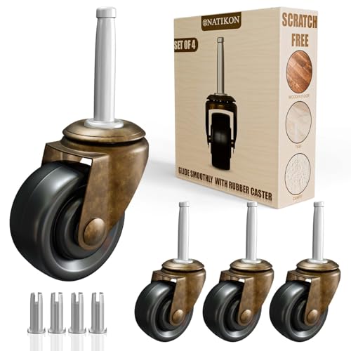 Lot de 4 roulettes en laiton antique avec roues en caoutchouc de 3,8 cm pour chaises, canapés, commodes, roulettes de meubles vintage pour plancher en bois dur