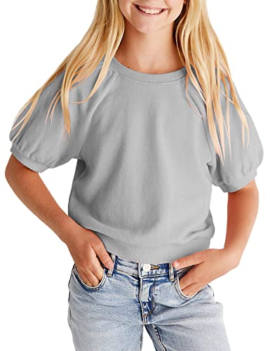 simtuor Kids Girls Cute T-Shirt Short Puff Sleeve Basic Solid Casual Loose Pullover Ribbed Cuffs Hem Tees