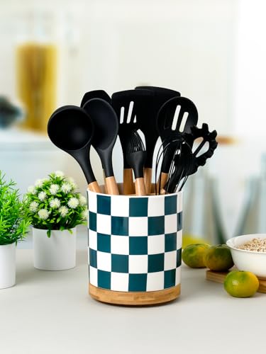 Image of LoeJan 3 Compartment Utensil Holder, Extra Large Utensil Crock, Stable Ceramic Utensil Organizer, Cooking Tool Organizer Set for Kitchen Counter Farmhouse Decor (J-Deep Green(Square))