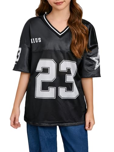 WDIRARA Girl's Number Graphic Jersey Shirts Short Sleeve V Neck Tees Oversized T-Shirt Tops