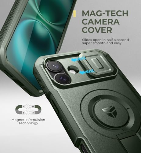 Image of Dexnor for iPhone 16 Plus Case with Slide Camera Cover&Adjustable Kickstand & Built-in Screen Protector,Compatible Wireless Charging Shockproof Cases Heavy-Duty Magnetic Protective Cover,Army Green