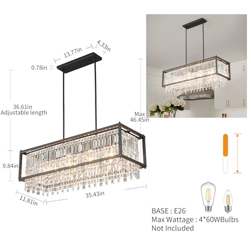 Image of LMQNINE Modern Rectangle Chandelier for Dining Room, Black Crystal Chandelier Linear Light Fixture, Farmhouse Chandeliers for Kitchen Island, Bar Table, L35.43'' x W11.81'' x H9.84''