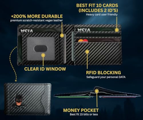 BAT ID Men’s Wallet – Slim RFID Leather Bifold with 2 ID Windows, 10 Card Slots, Cash Compartment, Stylish Superhero Design & Durable Build (Carbon Fiber Black)4