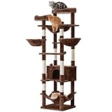 Furcato 77-Inch Brown Cat Tree for Indoor Cats, Multi-Level Large Cat Tower with 4 Hammocks, 2 Padded Perches, Cat Condo, Sisal Scratching Posts and Hanging Toys for Adult Cat