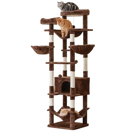 Furcato 77-Inch Brown Cat Tree for Indoor Cats, Multi-Level Large Cat Tower with 4 Hammocks, 2 Padded Perches, Cat Condo, Sisal Scratching Posts and Hanging Toys for Adult Cat