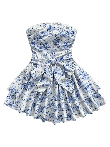 MakeMeChic Women's Ditsy Floral Bandeau Ruffle Tiered Shirred Bow Knot A Line Mini Dress
