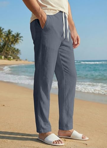 Image of Men's Linen Drawstring Pants, Casual Beach Trousers, Lightweight Breathable