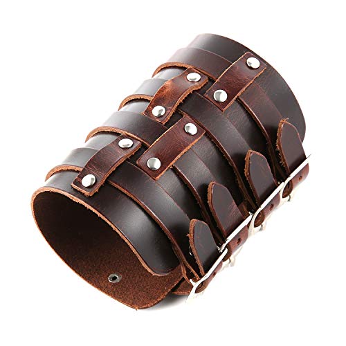 Hzman Mens Leather Wide Triple Strap Cuff Wrap Gauntlet Wristband Buckle Fastening Arm Armor Cuff 4 Rows (Brown) #TOP2