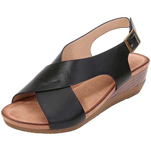 Women's Open Toe Wedge Sandals Buckle Ankle Strap Criss Cross Heeled Summer Shoes