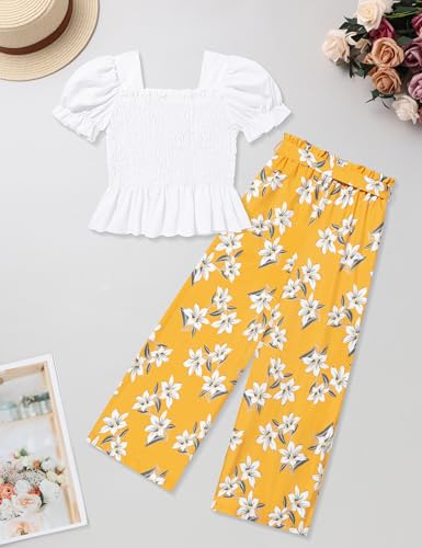 Image of Girls Clothes Solid Color Square Collar Stretch Top and Wide Leg Pants Clothes for Teen Girls 6-14Y