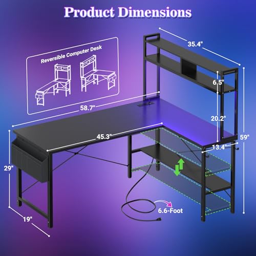 Image of Aheaplus L Shaped Desk Gaming Desk, 59 inch L Shaped Computer Desk with LED Light & Power Outlet, Reversible Home Office Desk Gamer Desks with Shelves & Storage Bag & Hooks, Corner PC Desk, Black