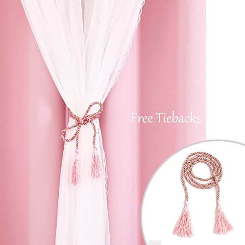 Image of SOFJAGET Pink Blackout Curtains 96 Inch Long - Double Layers Mix & Match Elegance White Crushed Voile Curtains with Tie-Backs, Pink Drapes for Nursery, Girls Bedroom, LivingRoom, 2 PCs
