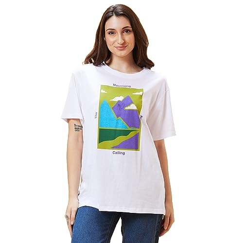 Image of Globus Women Ivory Typography Print Round Neck Oversized Casual T-Shirt-3638185004