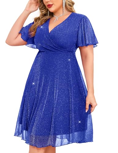 ZOMVA Glitzerndes Netzkleid in Übergröße, A-Linie, Rüschenärmel, V-Ausschnitt, kurze Glitzerkleider, Hochzeit, Gast, Cocktailparty, Königsblau,...