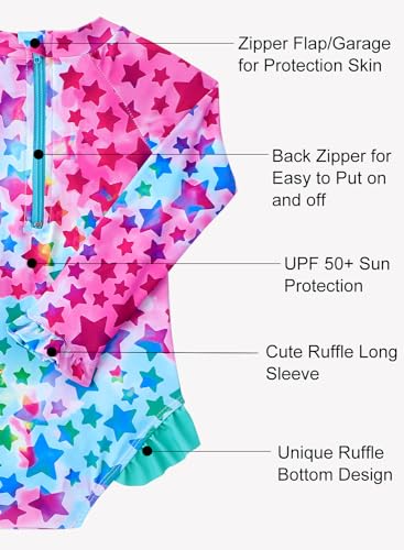 Image of Baby Toddler Girl Long Sleeve Ruffle Swimsuit One Piece Zipper Rash Guard Bathing Suit with UPF 50+ Sun Protection