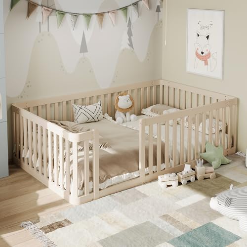 Yihomfy Lit au Sol Enfant 90x200 cm, Lit Montessori avec Barriere, Lit Enfant - Bois Massif, Crème