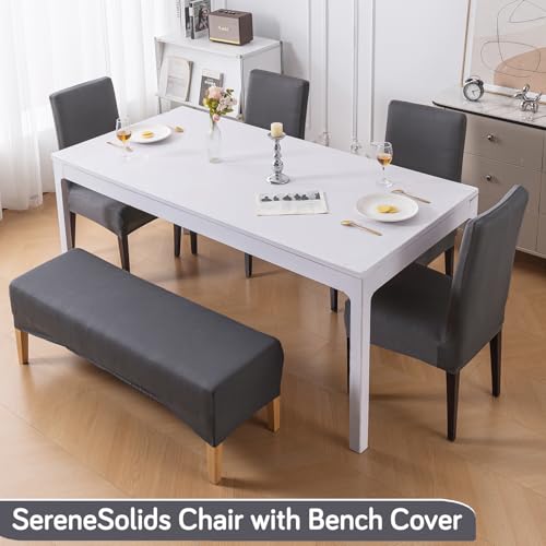 Image of HOKIPO 'SereneSolids' 140 GSM Stretchable Dining Chair Covers Set of 4 with 1 Bench Cover, Grey (AR-6282-GRY)