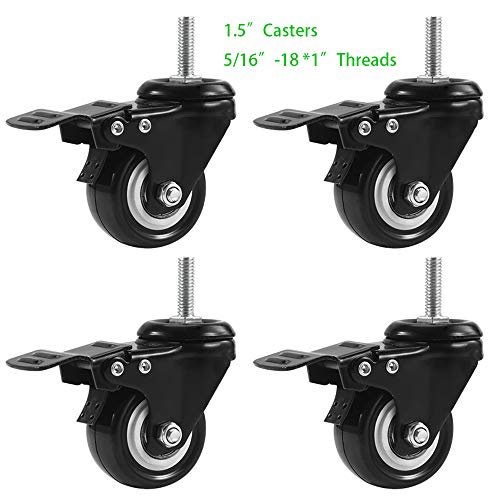 1.5 Inch Stem Casters, DICASAL Double Brakes Black PU Imperial Inch Screw Thread