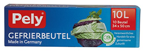pely 8670 Gefrierbeutel 10 Liter 10 Beutel aus Polyethylen niedriger Dichte (LDPE) 3-lagige Folie mit verbesserter Kältelastizität Made in Germany Wegwerfbar Kopffaltverschluss