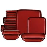 lovecasa servizio di stoviglie set di piatti vintage per 4 persone quadrate piatti in gres con 4 ciotole per cereali 4 piatti da tavola 4 piatti da dessert e 4 piatti fondi, 16 pcs, rosso graduale