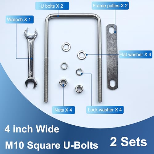 Image of 2 Pcs M10 Square U Bolts 4 Inch Wide, 3 /8 inch x 4 inchW x 7 inch L | 304 Stainless U Bolt Heavy Duty with Nuts, Bolt Plate and Washers,4 inch u bolt,Metric bolts