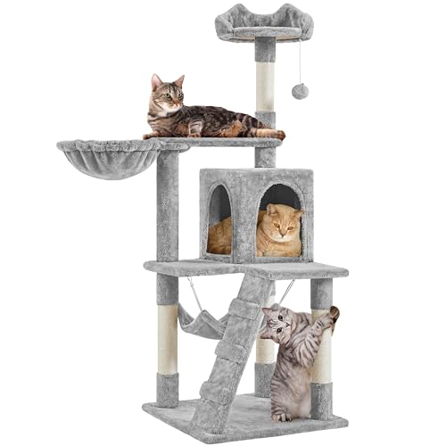 Yaheetech 136.5cm Tall Cat Tree, Cat Tower Play House and Climbing Activity Centre with 4 Scratching Posts/Condo/Hammock/Ladder for Indoor Kittens, Light Grey Yaheetech 136.5cm Tall Cat Tree, Cat Tower Play House and Climbing Activity Centre with 4 Scratching Posts/Condo/Hammock/Ladder for Indoor Kittens, Light Grey